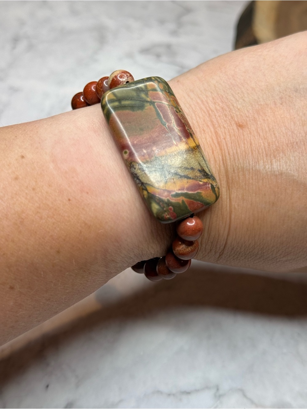 Handcrafted Red and Green Jasper Stretch Bracelet with rectangular jasper focal.